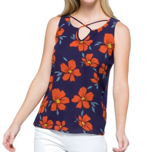 FORTUNE + IVY Kason Split Neck Sleeveless Blouse Blue Red Floral Women's XXL